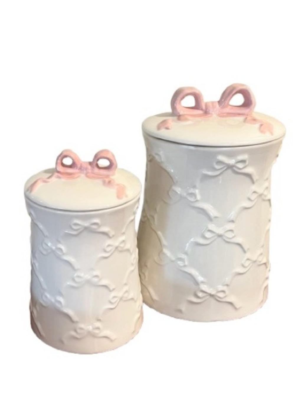 🆕- White Ceramic Decorative Canister Set with Pink Ribbon Accents - Picture 4 of 10